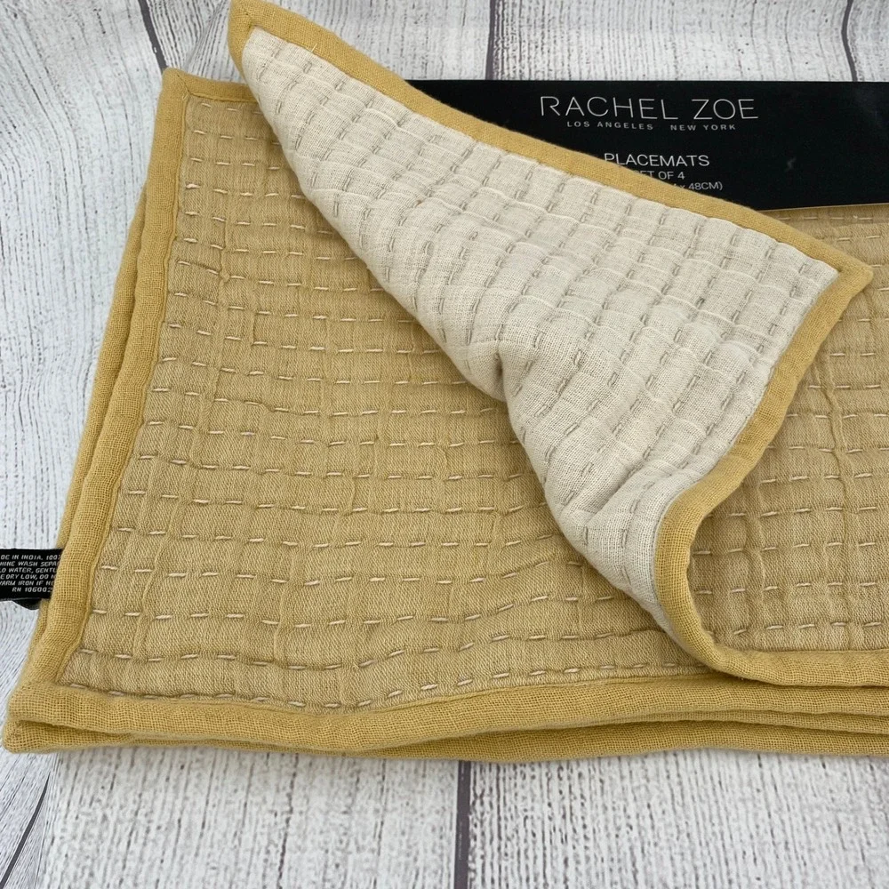 Rachel Zoe Placemats (Set of 4) Yellow Mustard Stitched Boho Home Decor Earthy